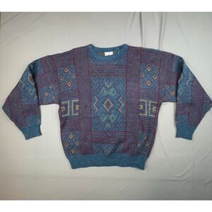 Peter Jon 43 Sweater L Geometric Knit Made in Korea Blue Purple Vintage 90s